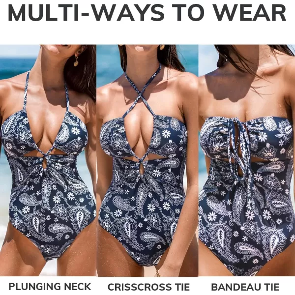 imageCUPSHE Women One Piece Swimsuit Drawstring Cutouts Halter Low Back Paisley Print Bathing SuitsNavy BluePaisley