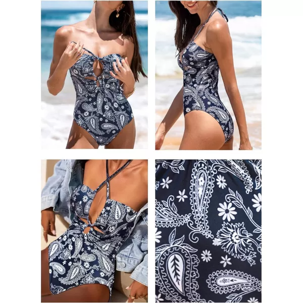 imageCUPSHE Women One Piece Swimsuit Drawstring Cutouts Halter Low Back Paisley Print Bathing SuitsNavy BluePaisley
