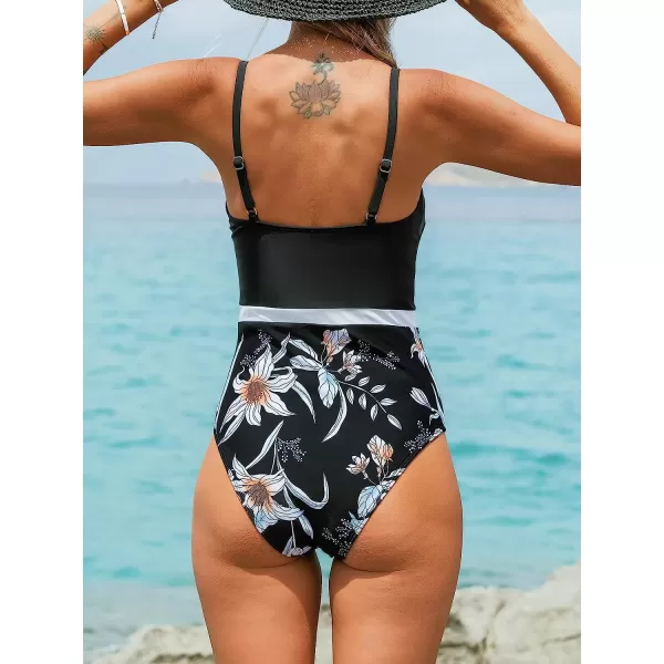 imageCUPSHE Women One Piece Swimsuit Square Neck Low Back Adjustable StrapsBlack Floral