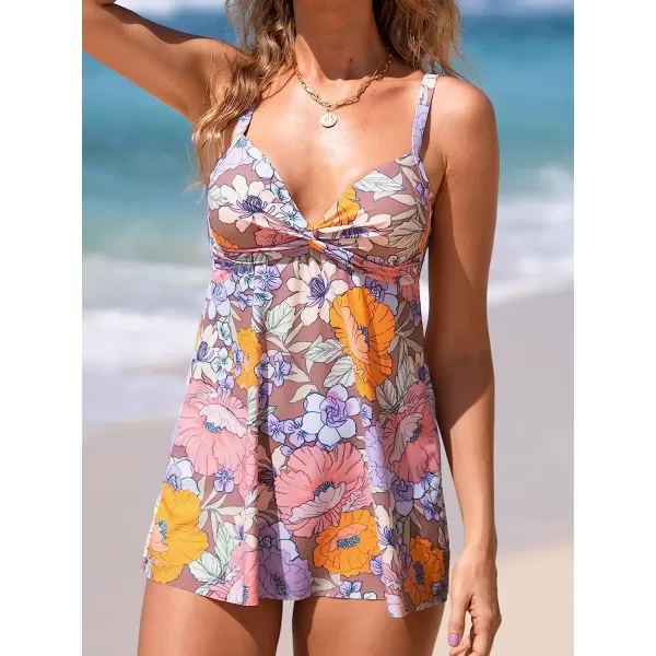 imageCUPSHE Women One Piece Swimsuit Swim Dress Twist Front V Neck Floral Adjustable Spaghetti StrapsPurple Floral
