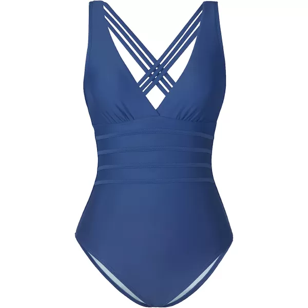 imageCUPSHE Women One Piece Swimsuit V Neck Hipster CrossCriss Back Bathing Suit Fixed StrapsBlue