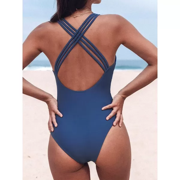 imageCUPSHE Women One Piece Swimsuit V Neck Hipster CrossCriss Back Bathing Suit Fixed StrapsBlue