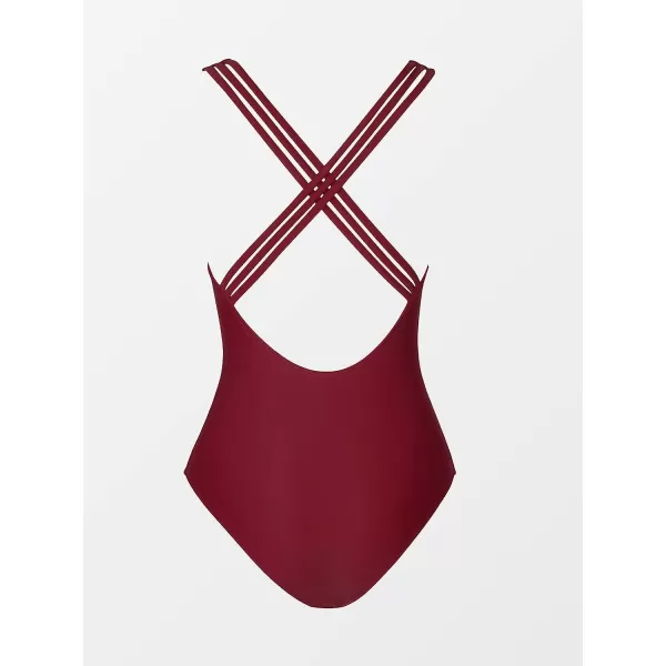 imageCUPSHE Women One Piece Swimsuit V Neck Hipster CrossCriss Back Bathing Suit Fixed StrapsRed