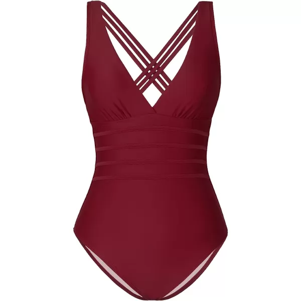 imageCUPSHE Women One Piece Swimsuit V Neck Hipster CrossCriss Back Bathing Suit Fixed StrapsRed