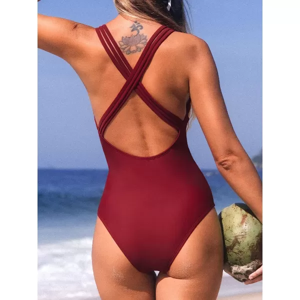 imageCUPSHE Women One Piece Swimsuit V Neck Hipster CrossCriss Back Bathing Suit Fixed StrapsRed