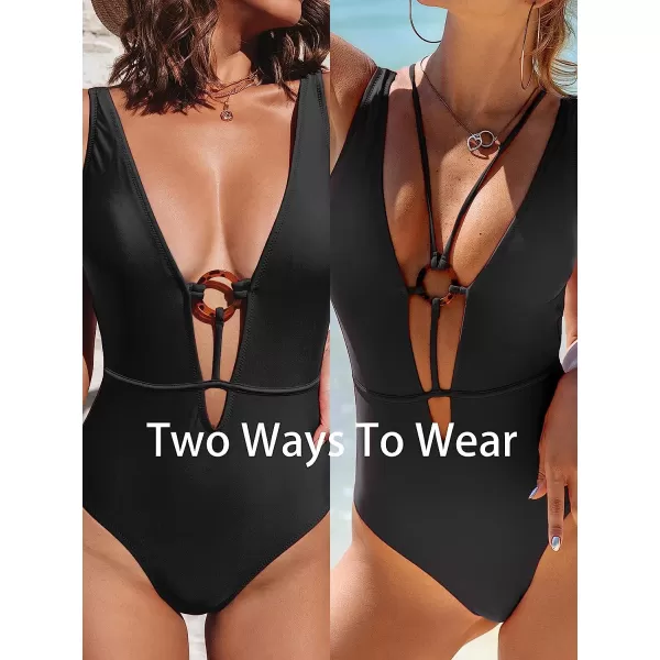 imageCUPSHE Women One Piece Swimsuits O Ring Red Strappy Lace Up Monokini Swimsuits Bathing SuitBlack