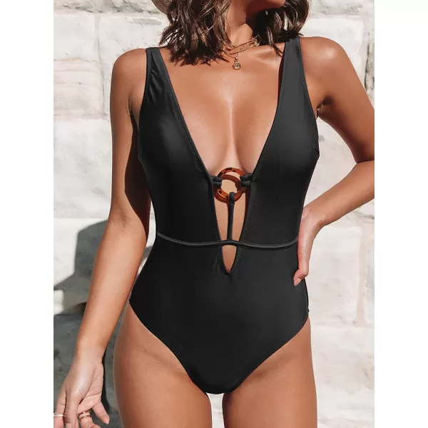 imageCUPSHE Women One Piece Swimsuits O Ring Red Strappy Lace Up Monokini Swimsuits Bathing SuitBlack