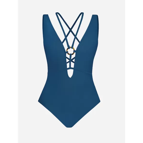imageCUPSHE Women One Piece Swimsuits O Ring Red Strappy Lace Up Monokini Swimsuits Bathing SuitBlue