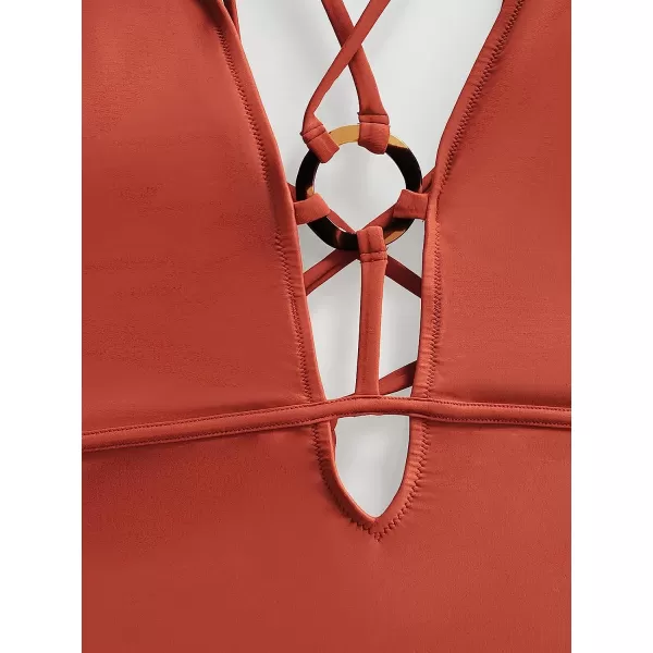 imageCUPSHE Women One Piece Swimsuits O Ring Red Strappy Lace Up Monokini Swimsuits Bathing SuitBrick Red