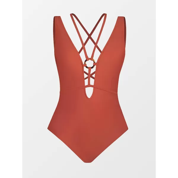 imageCUPSHE Women One Piece Swimsuits O Ring Red Strappy Lace Up Monokini Swimsuits Bathing SuitBrick Red