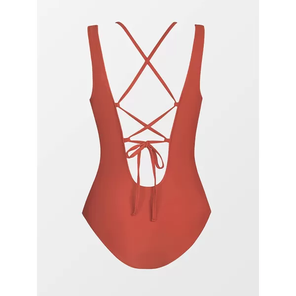 imageCUPSHE Women One Piece Swimsuits O Ring Red Strappy Lace Up Monokini Swimsuits Bathing SuitBrick Red