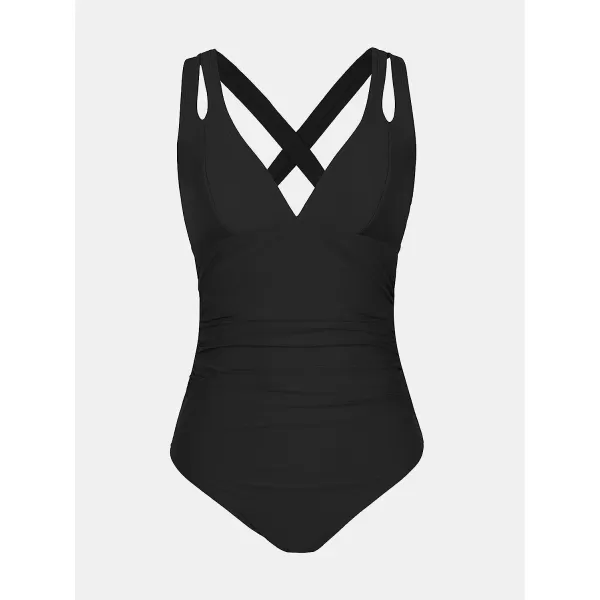 imageCUPSHE Women One Piece Swimsuits Tummy Control Deep V Neck Double Straps Crisscross Back Tie Bathing SuitsBlack