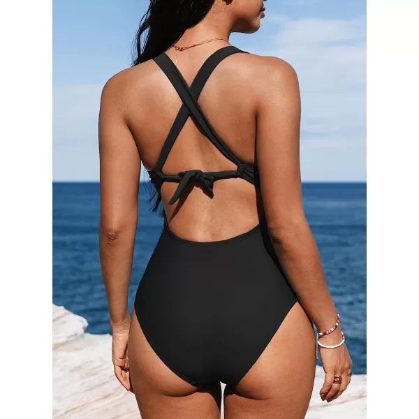 imageCUPSHE Women One Piece Swimsuits Tummy Control Deep V Neck Double Straps Crisscross Back Tie Bathing SuitsBlack