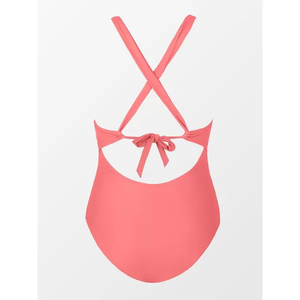 imageCUPSHE Women One Piece Swimsuits Tummy Control Deep V Neck Double Straps Crisscross Back Tie Bathing SuitsCoral Red
