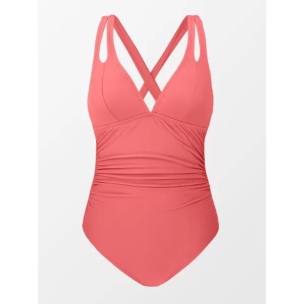 imageCUPSHE Women One Piece Swimsuits Tummy Control Deep V Neck Double Straps Crisscross Back Tie Bathing SuitsCoral Red