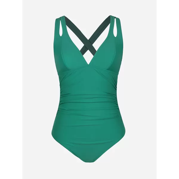 imageCUPSHE Women One Piece Swimsuits Tummy Control Deep V Neck Double Straps Crisscross Back Tie Bathing SuitsGreen