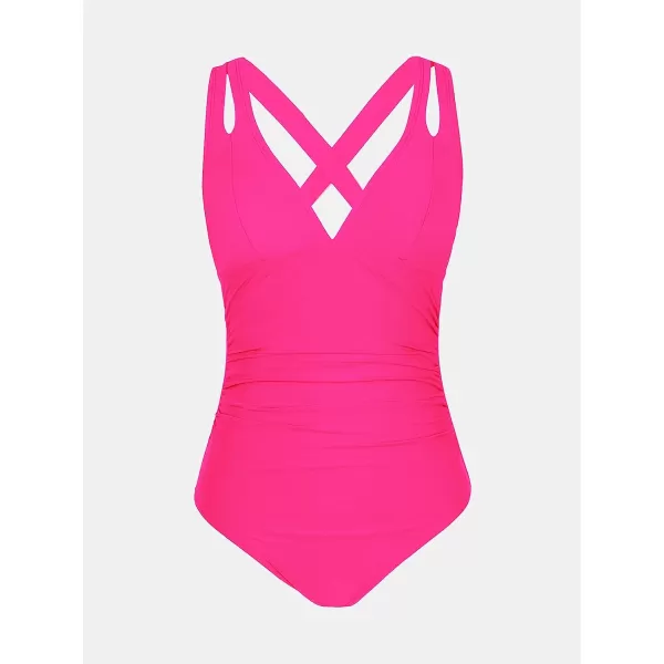 imageCUPSHE Women One Piece Swimsuits Tummy Control Deep V Neck Double Straps Crisscross Back Tie Bathing SuitsNeon Pink