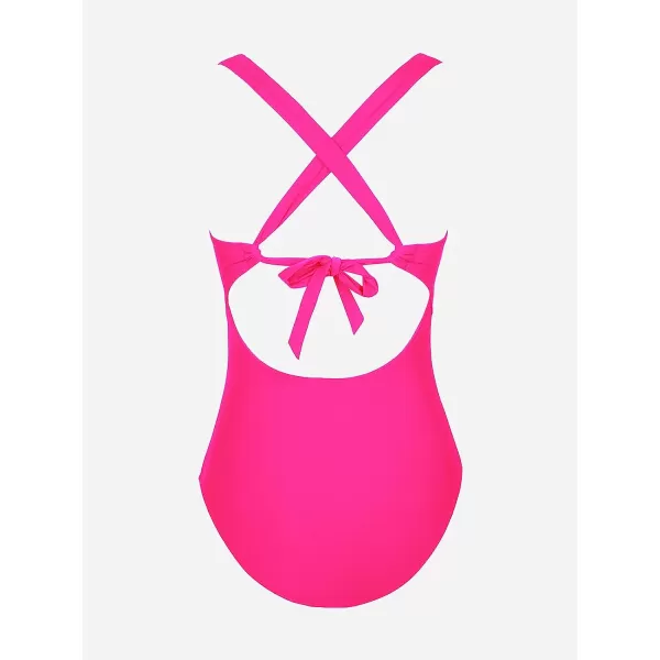 imageCUPSHE Women One Piece Swimsuits Tummy Control Deep V Neck Double Straps Crisscross Back Tie Bathing SuitsNeon Pink