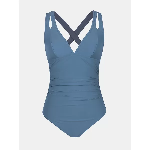 imageCUPSHE Women One Piece Swimsuits Tummy Control Deep V Neck Double Straps Crisscross Back Tie Bathing SuitsStone Blue