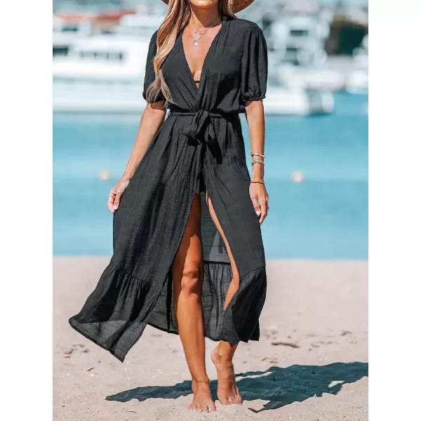 imageCUPSHE Women OpenFront CoverUp Kimono Short Sleeves Cover Up Dress Casual Summer Longline Hem Cover UpsBlack