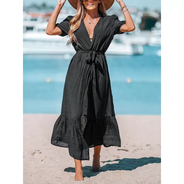 imageCUPSHE Women OpenFront CoverUp Kimono Short Sleeves Cover Up Dress Casual Summer Longline Hem Cover UpsBlack