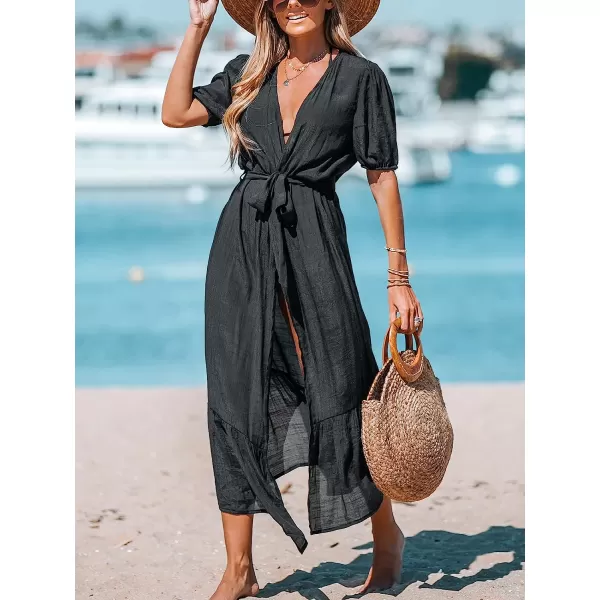 imageCUPSHE Women OpenFront CoverUp Kimono Short Sleeves Cover Up Dress Casual Summer Longline Hem Cover UpsBlack