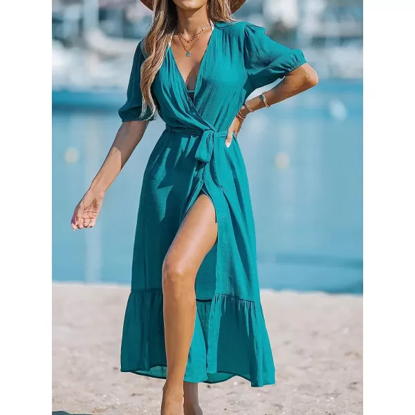 imageCUPSHE Women OpenFront CoverUp Kimono Short Sleeves Cover Up Dress Casual Summer Longline Hem Cover UpsBlue