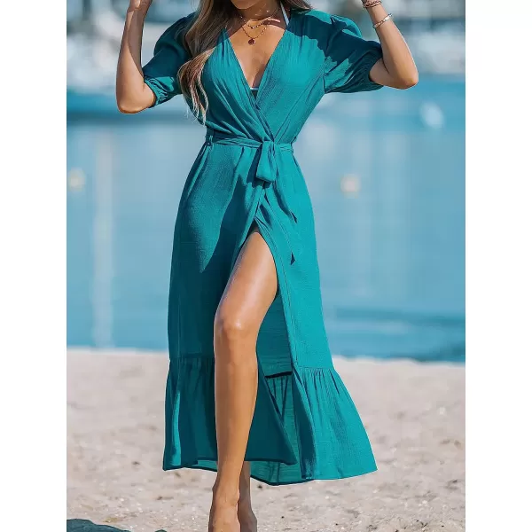 imageCUPSHE Women OpenFront CoverUp Kimono Short Sleeves Cover Up Dress Casual Summer Longline Hem Cover UpsBlue