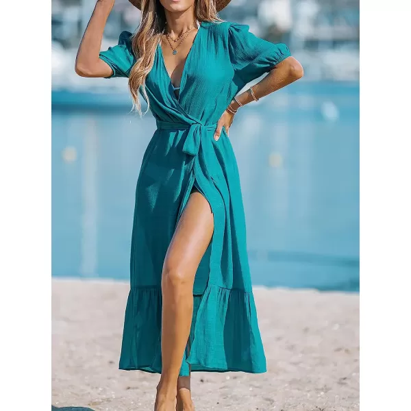 imageCUPSHE Women OpenFront CoverUp Kimono Short Sleeves Cover Up Dress Casual Summer Longline Hem Cover UpsBlue