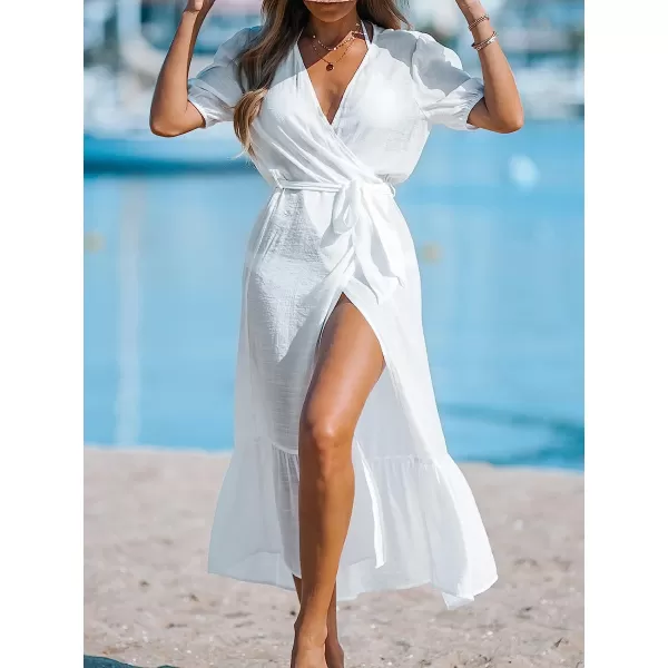 imageCUPSHE Women OpenFront CoverUp Kimono Short Sleeves Cover Up Dress Casual Summer Longline Hem Cover UpsWhite
