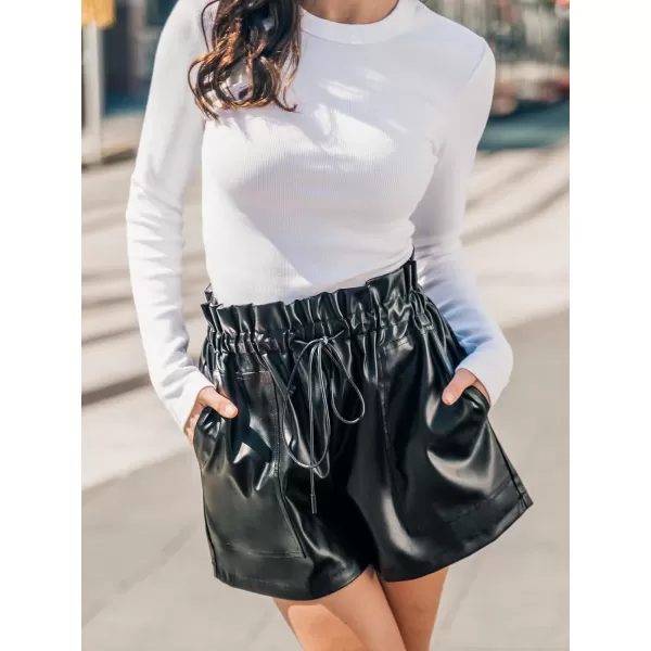 imageCUPSHE Women Pants Faux Leather Paperbag Waist Shorts Wide Leg Pant CasualBlack
