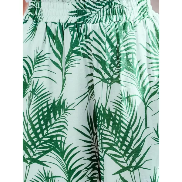 imageCUPSHE Women Pants Tropical Frill Wide Leg Loose Fit Boho Maxi Pant Casual BeachGreen Leaves