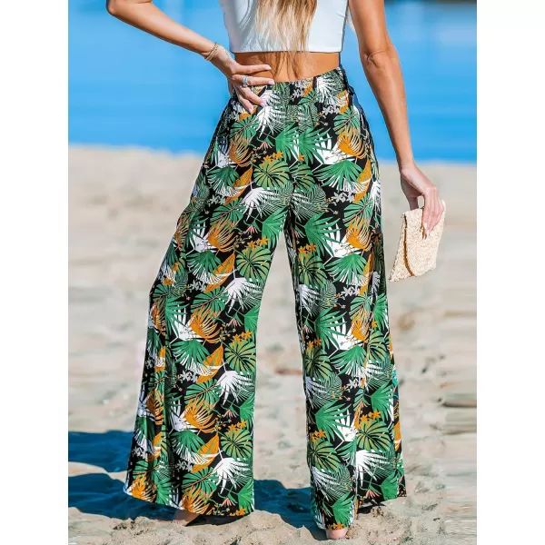 imageCUPSHE Women Pants Tropical Palm Wide Leg Loose Fit Waist Tie Long Pant Casual BeachBlack
