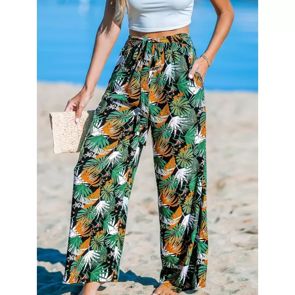 imageCUPSHE Women Pants Tropical Palm Wide Leg Loose Fit Waist Tie Long Pant Casual BeachBlack