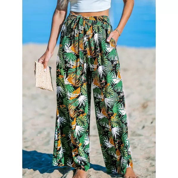 imageCUPSHE Women Pants Tropical Palm Wide Leg Loose Fit Waist Tie Long Pant Casual BeachBlack
