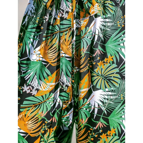imageCUPSHE Women Pants Tropical Palm Wide Leg Loose Fit Waist Tie Long Pant Casual BeachBlack