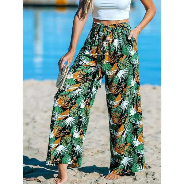imageCUPSHE Women Pants Tropical Palm Wide Leg Loose Fit Waist Tie Long Pant Casual BeachBlack