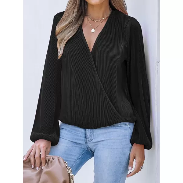 imageCUPSHE Women Peasant Sleeve Tops Casual Loose Fit V Neck Solid Ruched BlouseBlack