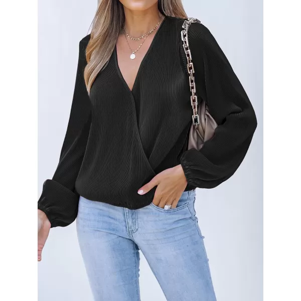 imageCUPSHE Women Peasant Sleeve Tops Casual Loose Fit V Neck Solid Ruched BlouseBlack
