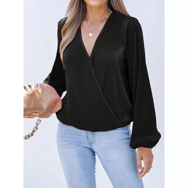 imageCUPSHE Women Peasant Sleeve Tops Casual Loose Fit V Neck Solid Ruched BlouseBlack