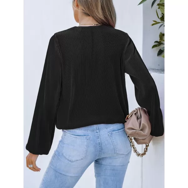 imageCUPSHE Women Peasant Sleeve Tops Casual Loose Fit V Neck Solid Ruched BlouseBlack