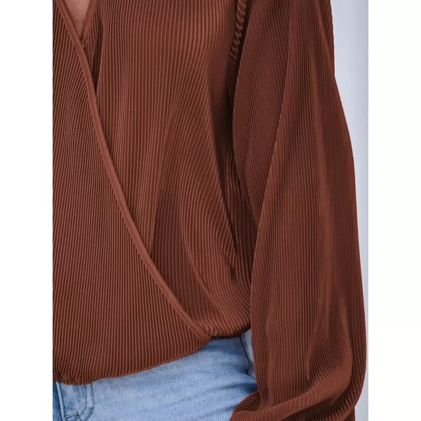 imageCUPSHE Women Peasant Sleeve Tops Casual Loose Fit V Neck Solid Ruched BlouseBrown