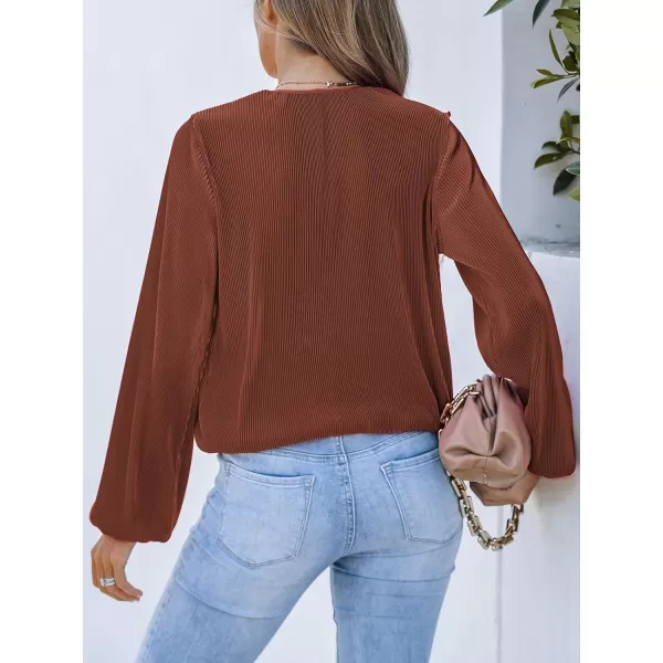 imageCUPSHE Women Peasant Sleeve Tops Casual Loose Fit V Neck Solid Ruched BlouseBrown
