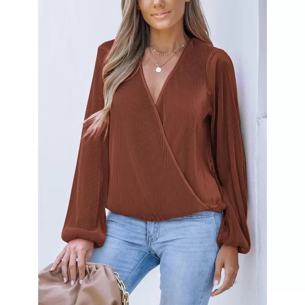 imageCUPSHE Women Peasant Sleeve Tops Casual Loose Fit V Neck Solid Ruched BlouseBrown