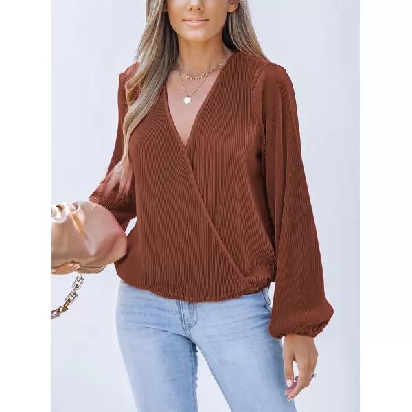imageCUPSHE Women Peasant Sleeve Tops Casual Loose Fit V Neck Solid Ruched BlouseBrown