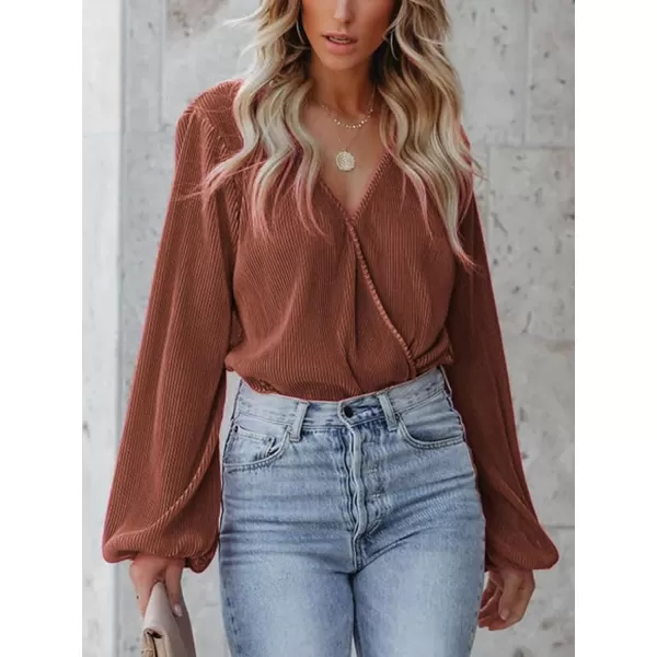 imageCUPSHE Women Peasant Sleeve Tops Casual Loose Fit V Neck Solid Ruched BlouseBrown