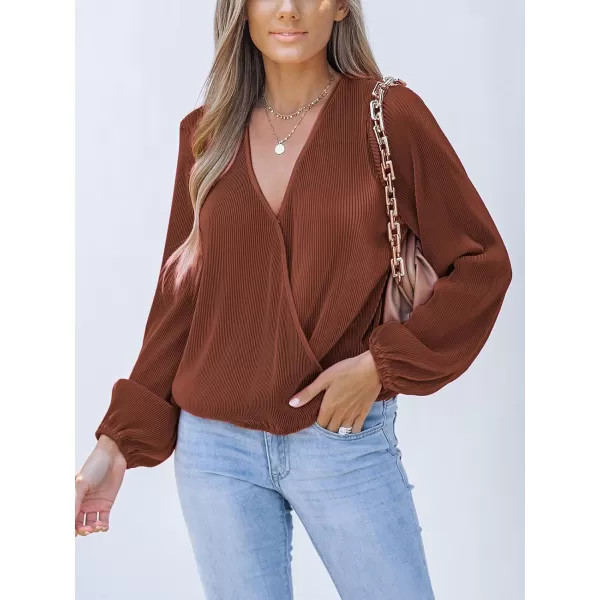 imageCUPSHE Women Peasant Sleeve Tops Casual Loose Fit V Neck Solid Ruched BlouseBrown