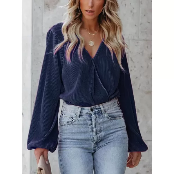imageCUPSHE Women Peasant Sleeve Tops Casual Loose Fit V Neck Solid Ruched BlouseDark Blue