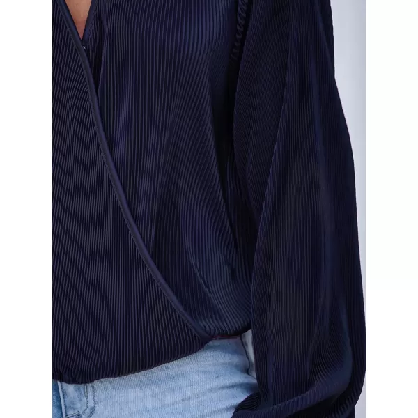 imageCUPSHE Women Peasant Sleeve Tops Casual Loose Fit V Neck Solid Ruched BlouseDark Blue