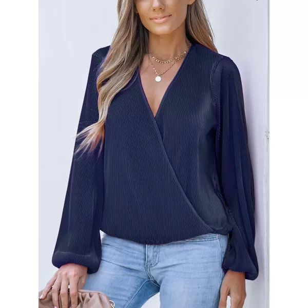 imageCUPSHE Women Peasant Sleeve Tops Casual Loose Fit V Neck Solid Ruched BlouseDark Blue